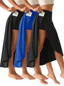 Local Shipping- [Athletic Skirt] 3pcs High-Waisted Athletic Asymmetrical Split Skirt | Women's Mid-Calf Flowy A-Line Culottes With Pockets, Comfort Fit Stretchy Fabric For Running, Gym & Casual Sportswear - Black/Blue/Red