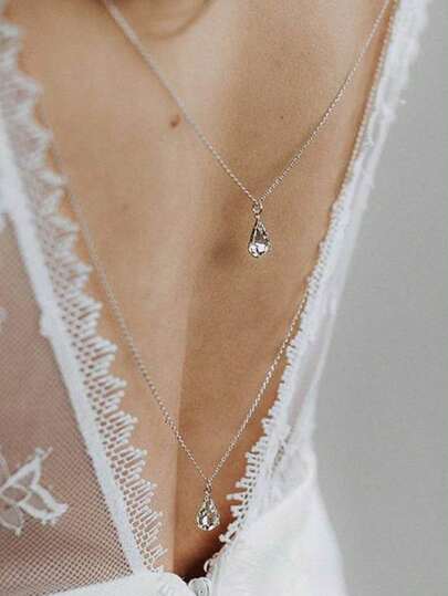 1pc Silver Multi-Layer Teardrop Pendant Necklace, Elegant Bridal Wedding Accessory