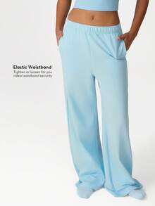 Sodalemon Pantalones anchos informales de mujer para entrenamiento con cintura elástica, bolsillos laterales, para deportes y actividades al aire libre - Celeste - Ver 1