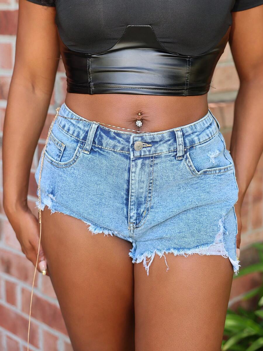 Steph T Summer Distressed Washed Slim Fit Mini Denim Shorts Slim Fit Distressed Denim Casual Summer Women Warm Weather Daily - Light Wash - View 1