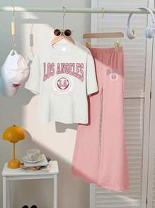 2 件套青少年女孩洛杉矶印花套装，短袖宽松喇叭裤柔软两件套，夏季街头休闲装，女孩套装