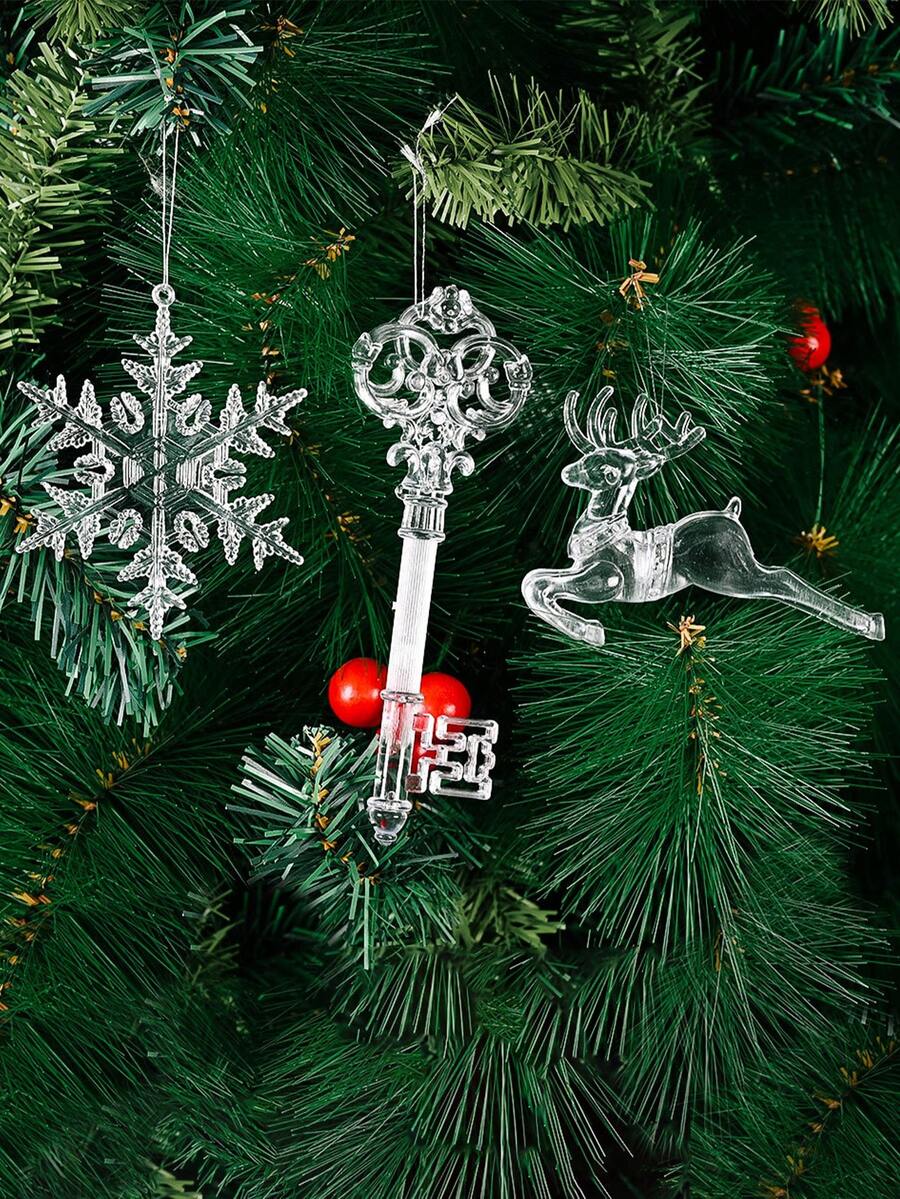 12 buc decorațiuni pentru brad de Crăciun, pandantiv transparent cu fulg de zăpadă de Crăciun, pandantiv creativ cu cerb, pandantiv pentru brad de Crăciun, pandantive transparente acrilice de interior pentru decorațiuni de Crăciun pentru ușă și fereastră, decor de cameră de iarnă