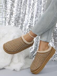 女士彩色铆钉装饰，时尚保暖内衬保暖雪地拖鞋，厚底防滑冬鞋，仿保暖内衬雪地靴