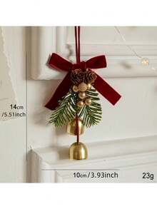 1pc Classic Christmas Door Hanging Decor, Bow & Bell Ornament, No Feathers, Non-Electric Holiday Decoration - Two Bells - View 1