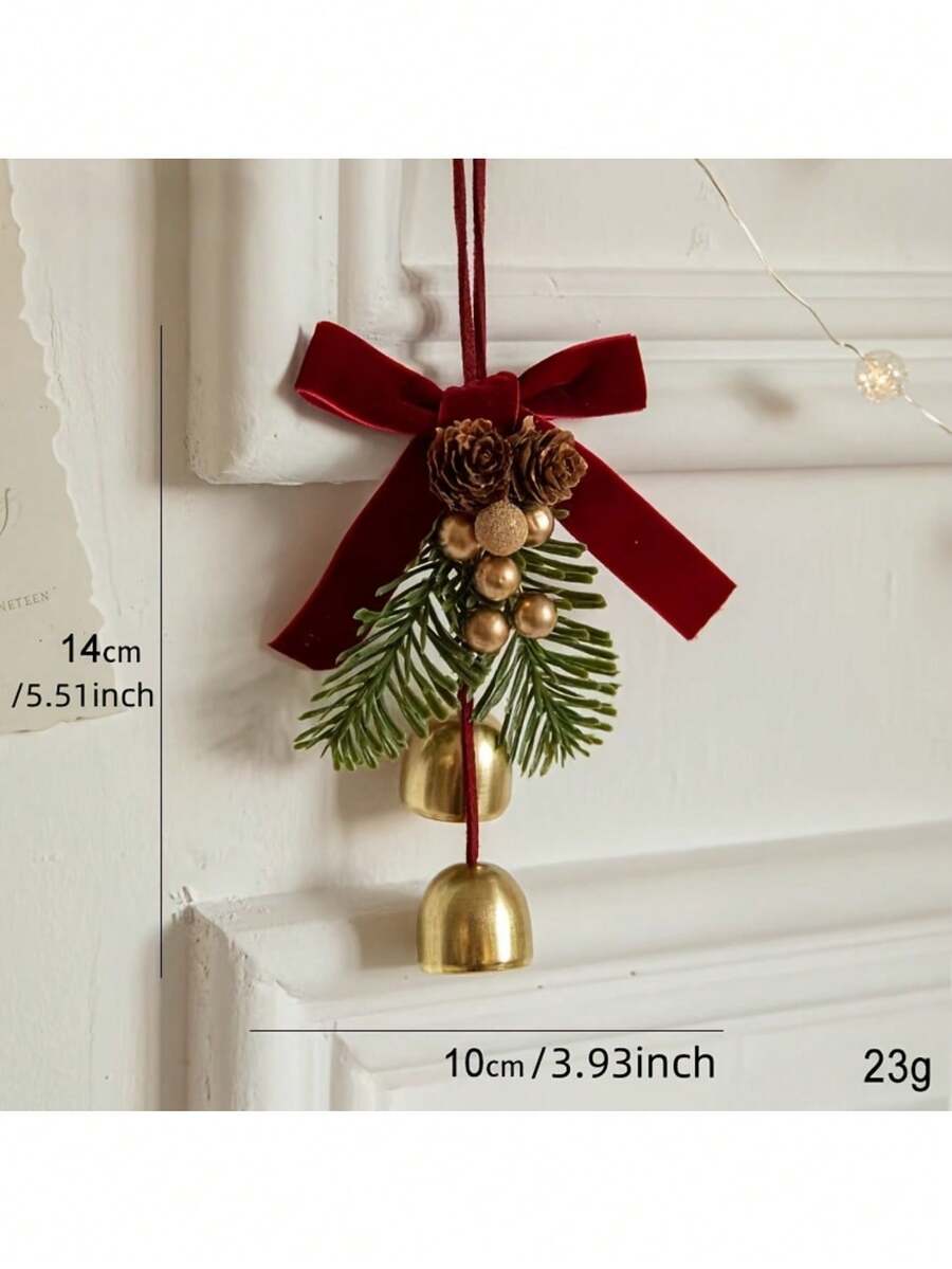 1pc Classic Christmas Door Hanging Decor, Bow & Bell Ornament, No Feathers, Non-Electric Holiday Decoration - Two Bells - View 1