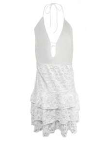 优雅派对约会晚礼服，镂空性感裸色造型分层下摆无袖迷你连衣裙，春夏 - 白色 - 查看 6