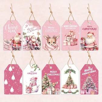 12pcs/24pcs Christmas Hanging Tags Pink Santa Claus Deer Merry Xmas Labels For Xmas Party Decoration DIY Gifts Wrapping Supplies