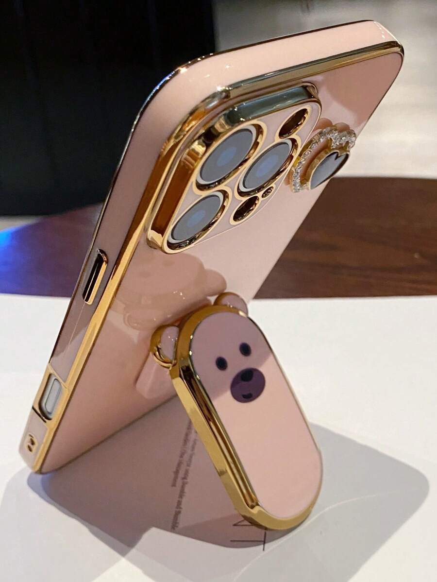 1pc Electroplated Cute Bear Grip Phone Case, Hidden Kickstand Shock-Proof Ultra-Thin Protective Cover Anti-Drop Camera Lens Full Coverage Soft Phone Case, Compatible With IPhone 7/8/11/12/13/14/15/X/XR/Xs/Plus/Pro/Pro Max/SE2/Mini Series Waterproof Scratch Resistant