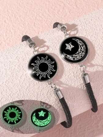 1 par de pulsera de acero inoxidable con gema de estilo europeo y americano con diseño de sol y luna, pulsera luminosa para amigos y parejas jóvenes