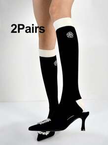 1双/2双 法式刺绣山茶花图案过膝袜，黑白配色，Y2K风格，舒适