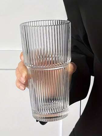 1个条纹玻璃杯，配可重复使用的玻璃吸管和防漏盖 - 600毫升/20.29盎司，美观实用，耐热玻璃饮水杯，适用于咖啡、茶、冰沙、冰饮，是返校、办公、野餐和日常使用的理想之选。泡沫盒包装。