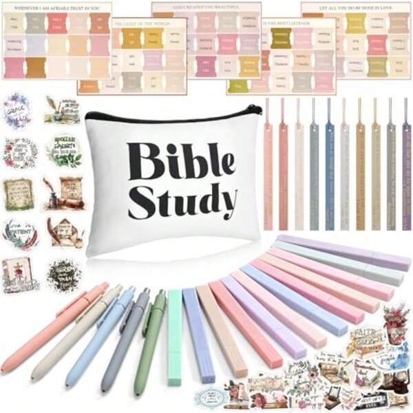 SHUS0146-34 Pcs Bible Journaling Kit Bible Study Kit Pencil Case Pouch Pastel No Bleed Highlighters Gel Pens Bible Leather Bookmarks Bible Tabs Bible Stickers For Women And Men Bible Study Supplies