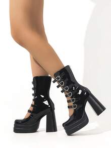 Waterproof High Heel Boots With Square Toe, Chunky Heel And Six Rows Of Hollow Out Heart Buckles Valentines - Black - View 3