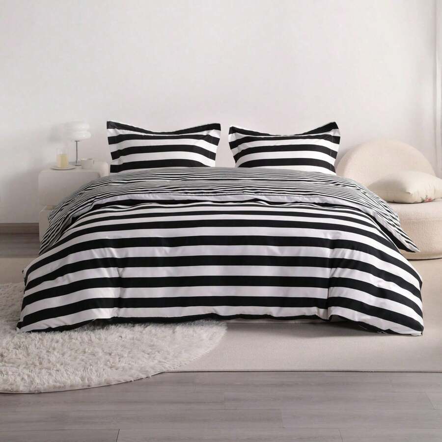Black & White Striped Comforter Set – Ultra-Soft Microfiber Fabric Bedding, Wrinkle-Resistant Easy-Care Durable All-Season Bedding For Adults & Teens, Ideal For Modern Bedroom Decor - 黑與白 - 查看 1