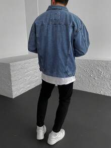 男士浅蓝色牛仔休闲拼接多口袋宽松夹克，秋季 - 藍色 - 查看 4