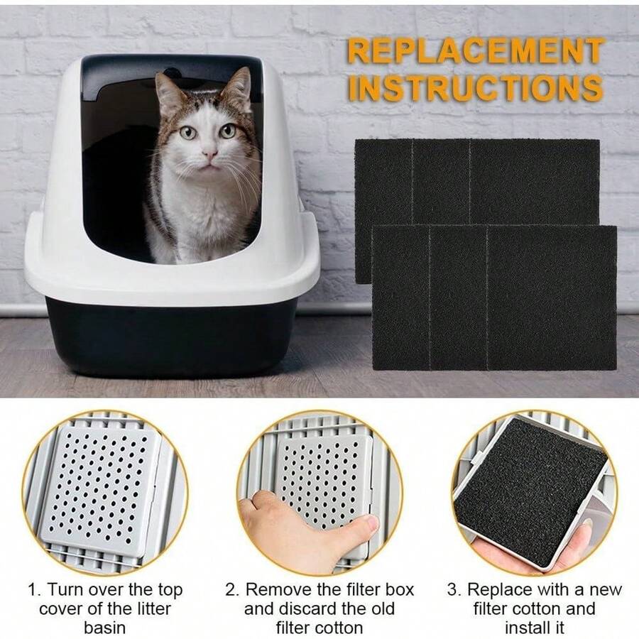 Filtro de carbón activado - Paquete de 6, 105 X 115 mm - Filtro de repuesto altamente absorbente para la caja de arena para gatos totalmente cerrada