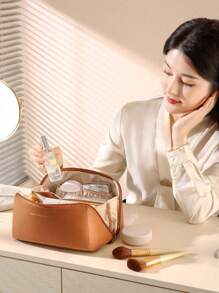 1 geantă de machiaj, geantă cosmetică din piele PU impermeabilă, geantă de toaletă portabilă, organizator de machiaj cu strat dublu de mare capacitate