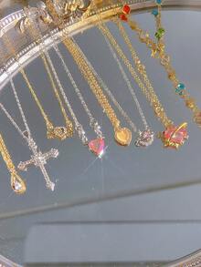 8 件 Y2K 风格可爱简约优雅复古设计彩色水晶闪亮心形蝴蝶花朵郁金香星星十字水滴仿宝石猫眼吊坠多层项链套装，适合节日、派对、约会、礼物、日常佩戴 - 金黃色 - 查看 4