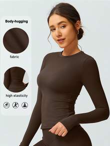 女式柔软羊毛长袖衬衫，弹力保暖打底上衣，适合健身和跑步，秋冬穿着 - 咖啡棕 - 查看 10