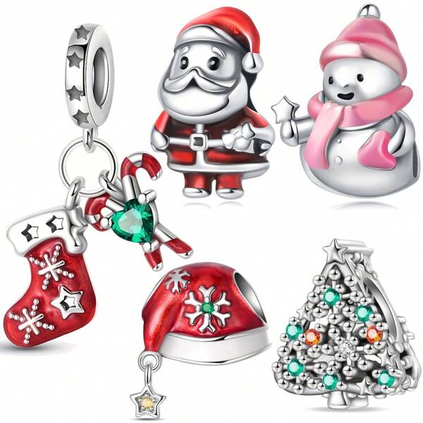 1 Pc 925 Silver Plated Santa Claus Christmas Tree Santa's Hat Snowma Christmas Stocking Pendant DIY Charm Suitable For Original Snake Bone Bracelet, Women's Daily Wear, Holiday Gifts, Christmas Jewelry