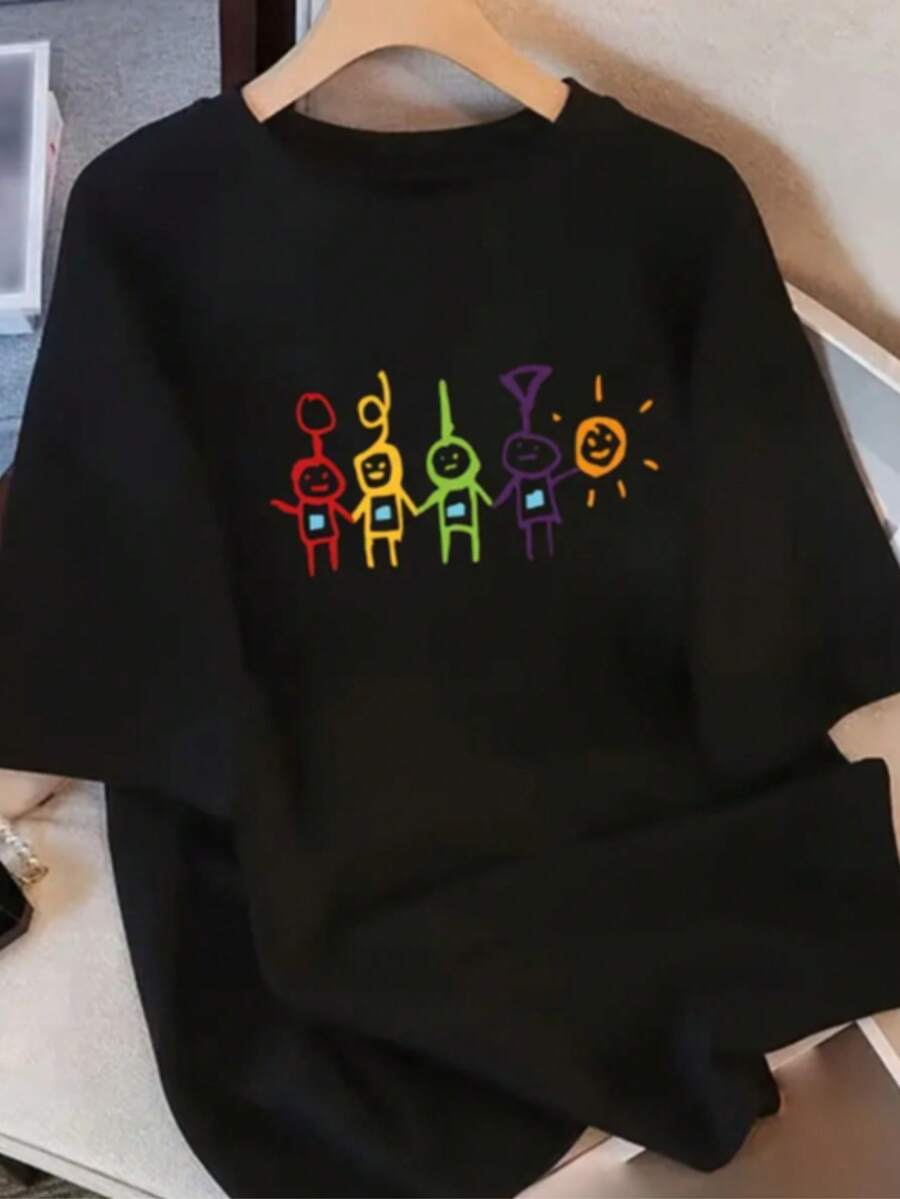 Women's Round Neck T-Shirt With Colorful Geometric Figures Print, Fashion Women's T-Shirt With Colorful Geometric Figures Print, Casual Short Sleeve T-Shirt, Promotion Women's Blouse, Comfort For All Seasons - 黑色 - 查看 1