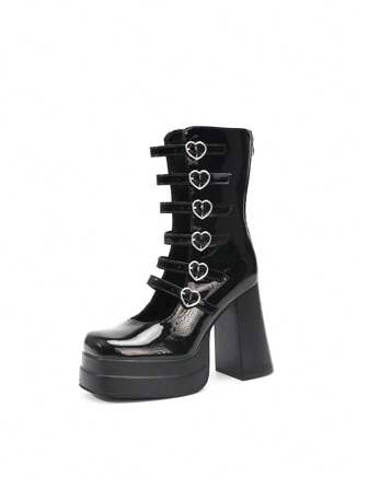 Waterproof High Heel Boots With Square Toe, Chunky Heel And Six Rows Of Hollow Out Heart Buckles Valentines