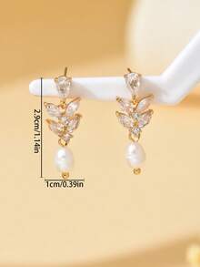 1 Pair Vintage Minimalist Copper Inlaid Cubic Zirconia/Cultured Pearl, Leaf/Wheat Shaped Earrings, Suitable For Daily Wear And Formal Occasions - Multicolor - View 6