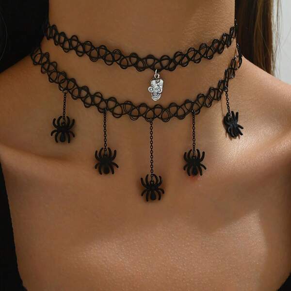2 pièces Collier pendentif araignée vintage punk gothique creux avec gland, convient pour la célébration d'Halloween et les cadeaux