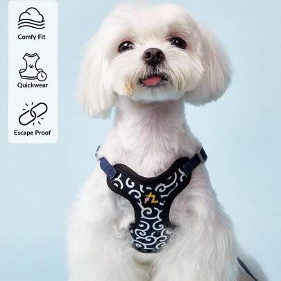 PETSIN 中国风传统蔓藤花纹可调节胸部/背部宠物背带牵引绳，适用于中小型犬，适合贵宾犬、泰迪犬、吉娃娃