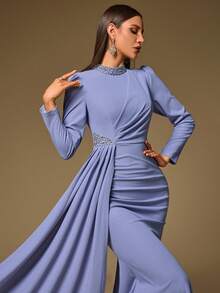 Elisanya Women's Solid Color Waist Pleated, Gathered Collar, Beaded Decor, Long Sleeve Maxi Elegant Dress