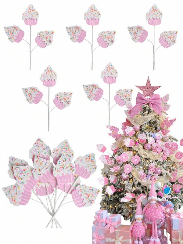 1/2/4PCS Christmas Artificial Candy Tree Branches Pink Ice Cream Donuts DIY Christmas Tree Insert Branches Christmas Home Vases Holiday Party Decorations Home Decor Christmas Decorations Room Decor Winter