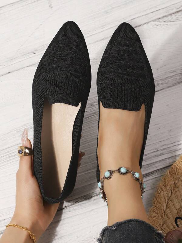 Women's Pointed Toe Slip-On Knitted Striped Flat Shoes, Solid Color Bohemian Chic Fashion Casual Comfortable Outdoor Cute Ribbed Flats, Suitable For Holiday, Party, Home, Office, Outdoor, All Seasons