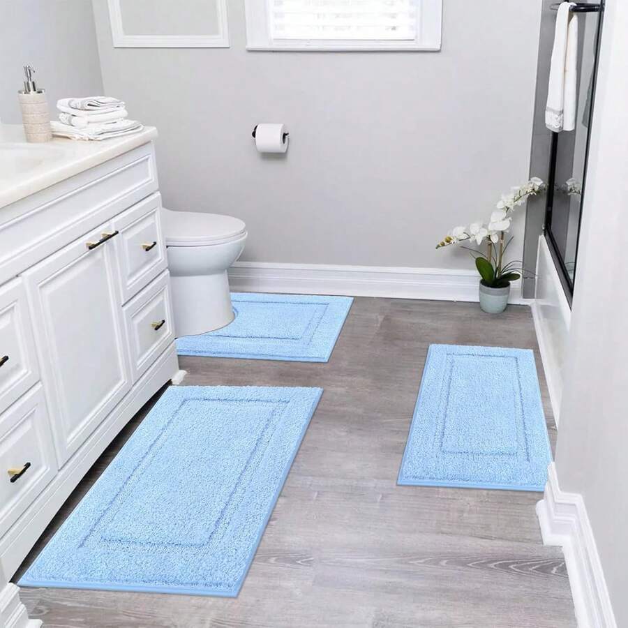 HEBE Soft Fluffy Bathroom Runner Rugs Set Of 3 Bath Mats With U Shape Toilet Rugs Non Slip Washable Bath Rugs Absorbent Bathroom Carpet For Shower Tub - Màu xanh nhạt - Xem 1