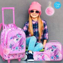 Rolling Backpack For Girls Boys, Kids Roller Wheels School Bookbag With Lunch Bag, Wheeled School Bag For Children - 蝴蝶獨角獸 - 查看 2
