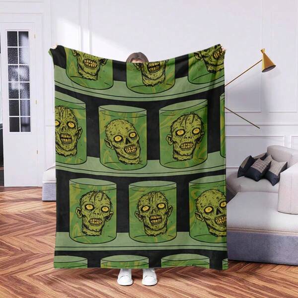 1pc Contemporary Flannel Bestseller Halloween Skull Design Blanket - Comfortable Warm Digital Printed Knitted Blanket, Suitable For Napping, Sofa, Office, Camping, Multipurpose Gift, All Seasons