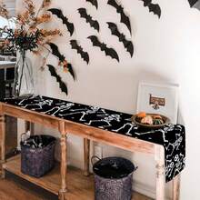 1/25pcs Halloween Themed Skull Black Table Runner, Kitchen Dining Table Decor, Fun Holiday Indoor Outdoor Home Decoration Party Supplies, Halloween Party Favors, Holiday Gifts, Room Decor, Tabletop Decor