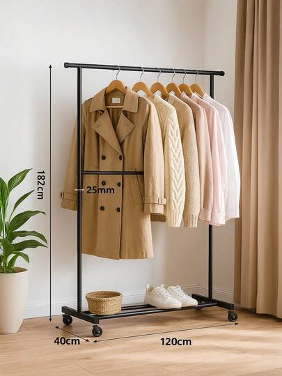 Eine einfache Garderobe mit Rädern für einfaches Bewegen, bodenstehender, klappbarer Balkon-Wäscheständer mit einer Stange, Kleiderständer für das Schlafzimmer zu Hause