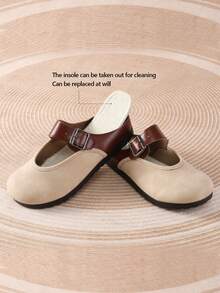 Retro Leather Sandals, Casual Slippers, Closed Toe Half Slippers - Beige - View 3