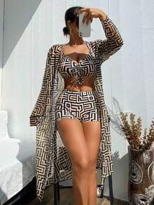 Women's Swimsuit Set, All-Over Print Bikini With Drawstring And Tied Straps With Kimono Beach Cover-Up 3 Pieces - 棕色 - 查看 1