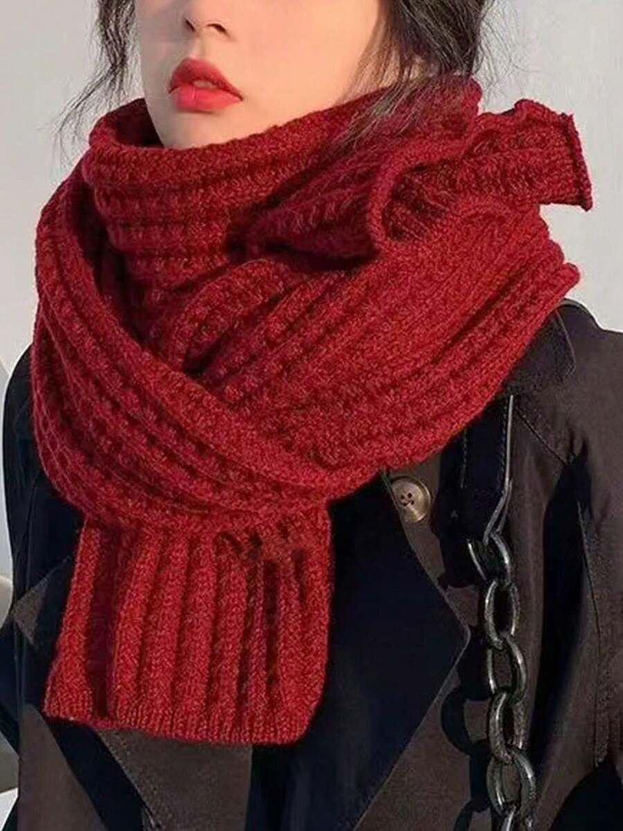 1pc Minimalist Solid Color Knitted Warm Scarf, Suitable For Daily, Outdoor, Commute, Campus, Street, Park Wear, Fashionable & Elegant Accessory For Women In Autumn/Winter For Dress - Burgundy - View 1