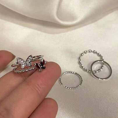 Bộ 4 chiếc nhẫn hở đơn giản đính đá Zirconia dành cho bé gái, trang sức thời trang và đa năng.