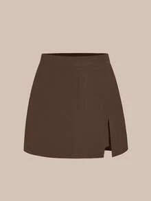 Minifalda ajustada para mujer con cremallera lateral, informal, asimétrica, con dobladillo dividido, para uso diario - Marrón - Ver 8