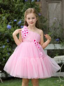 3D Flower Decor One-Shoulder Tulle Princess Dress For Girls, Suitable For Birthday Gift, Party, Wedding, Flower Girl, Holiday Celebration - Pink - View 2