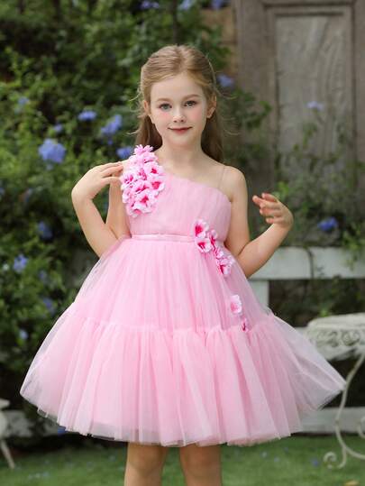 Váy công chúa vải tuyn một bên vai trang trí hoa 3D cho bé gái, thích hợp làm quà tặng sinh nhật, tiệc tùng, đám cưới, phù dâu, lễ kỷ niệm ngày lễ