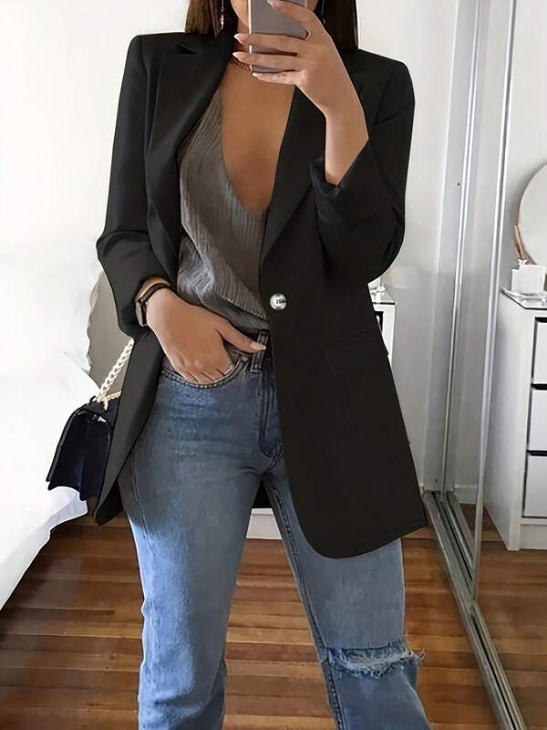 Plus Size New European & American Fashion Casual Blazer, Lapel Collar Slim Fit Cardigan Jacket For Women, Spring/Autumn