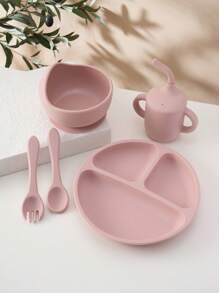 PopLittleOne 5 PIEZAS Conjunto de cubiertos de silicona para bebé, tazón con succión, plato, taza antiderrame, cuchara y tenedor blandos, vajilla para alimentación y entrenamiento de bebé antideslizante - Multicolor - Ver 6