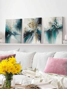 3pcs Elegant Turquoise And Gold Abstract Canvas Wall Art Prints , Modern Wall Decor, Indoor Wall Decor Modern Abstract Art Waterproof Canvas, Living Room Wall Decor, Wall Arts, Art Prints, Posters, For Living Rooms, Bedrooms, Offices, And Dorm Rooms, Indoor/Outdoor Use, Optional Frame