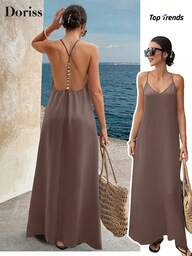 Vestido Slip Sólido com Contas e Decote Nas Costas para Férias, da Doriss