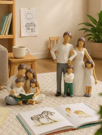 家庭树脂雕像套装 - 父母和孩子雕塑，适合家居装饰、阅读和站立风格，是儿童房、客厅或入口的节日礼物