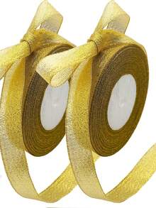 2 Rolls, Total 50 Yards, 5/8 Inch Wide Metallic Shiny Satin Ribbon, Glittering Fabric Satin Ribbon For Gift Wrapping, Crafts, Holiday Wedding Birthday Party Decoration, Floral Handwork (25 Yards Silver And Gold Satin Ribbon)